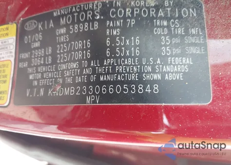 2006 Kia Sedona Ex/Lx from USA, damaged, VIN KNDMB233066053848